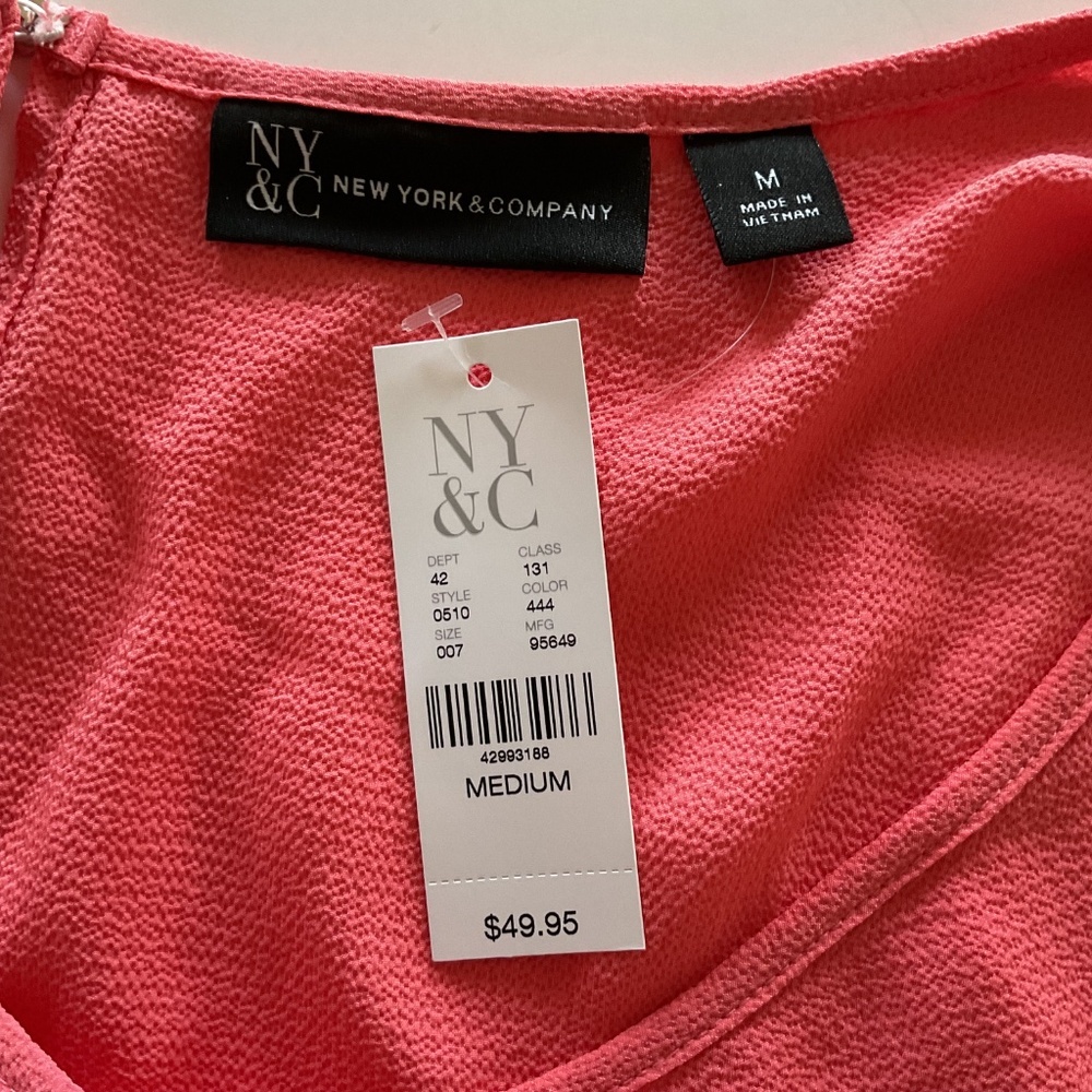 New York & Company Sz M Coral Gauze Tie Waist Tunic Top Blouse Keyhole Back - Picture 5 of 9